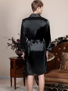 S22-12.1 Guys Contrast Binding Belted Satin Robe