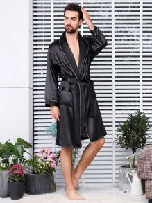 S22-12.1 Guys Contrast Binding Belted Satin Robe